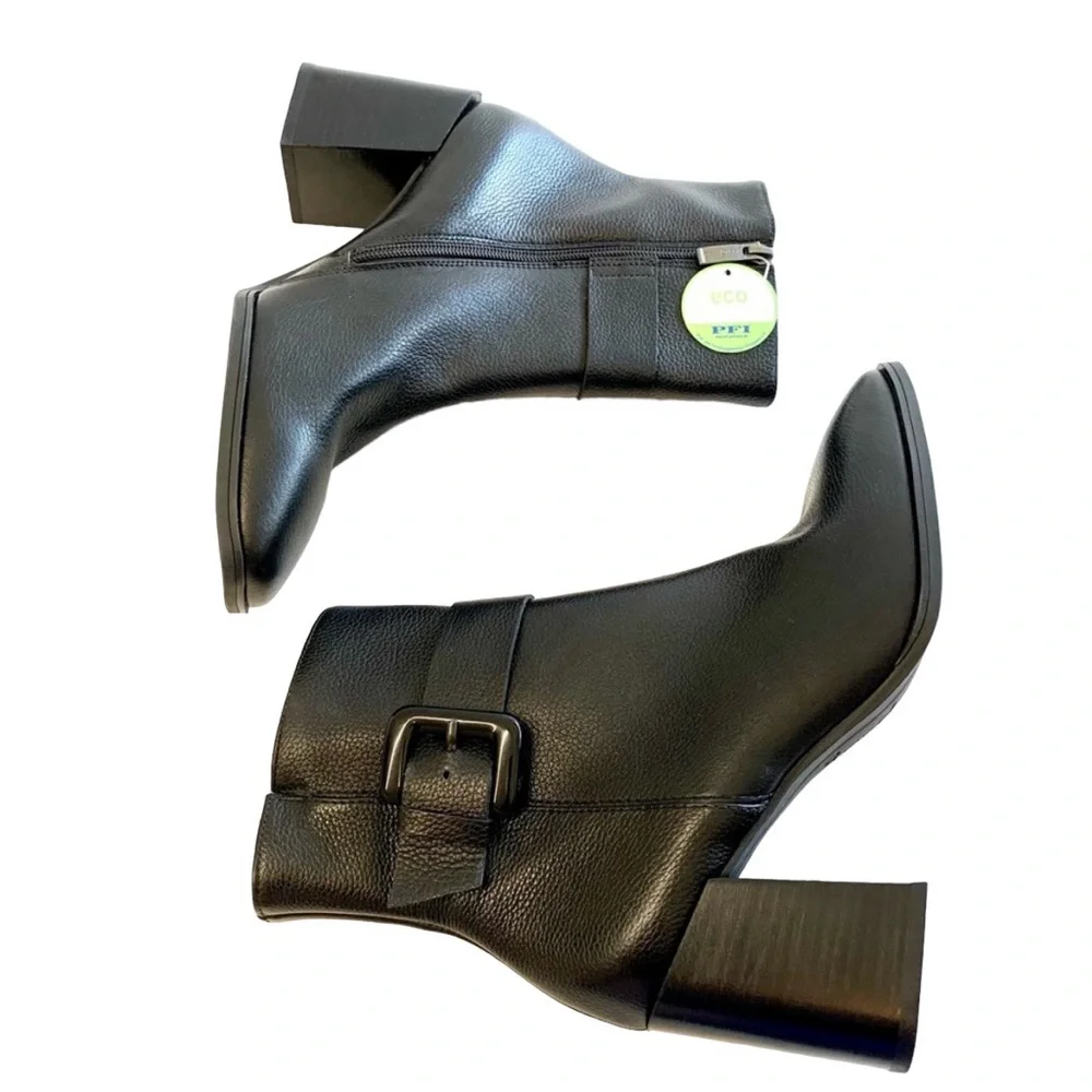 Paul Green Nirvana Black Leather Boots Sz 9.5 Square Toe Buckle Block Heel